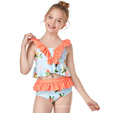 2021 New Style Print Cute 2 Piece Ruffle Floral Swimwear With Shorts Kids Girls Bikini Hight Waist Swimwear